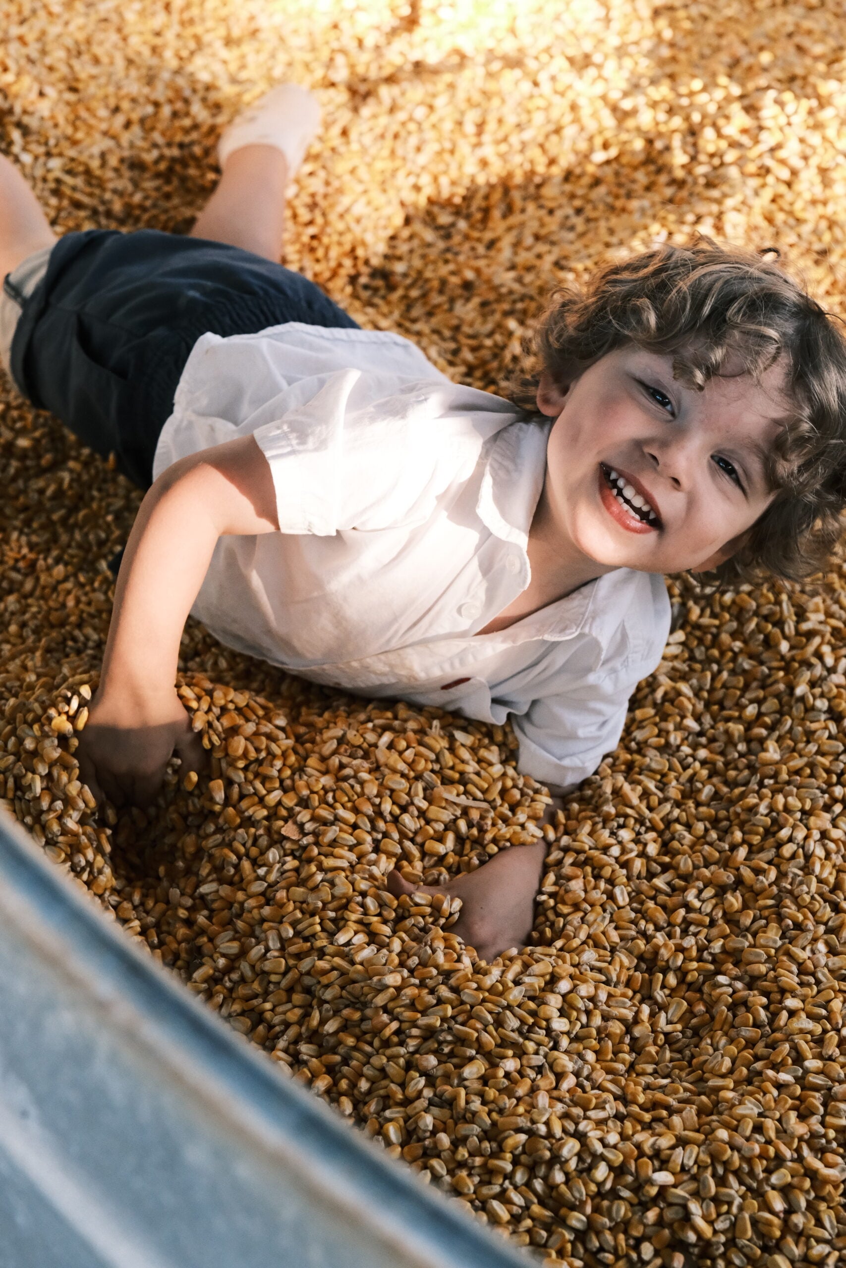 Toddler is smiling while playfully laying in corn